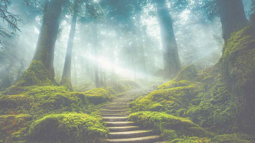 mystischer pfad im wald moos sonnenstrahlen die anderswelt im schamanismus