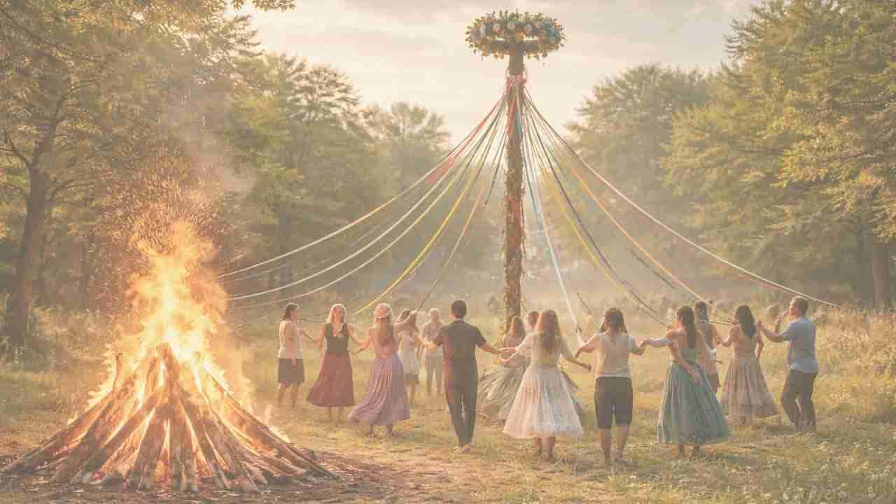 Beltane Fest Menschen tanzen um den Maibaum und das Maifeuer brennt
