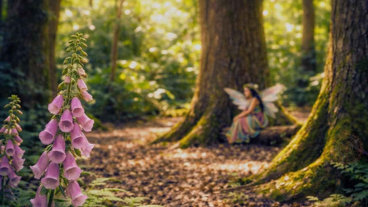naturgeister ein mystischer wald mit licht und schattenspiel eine elfe sitzt an einem baum im vordergrund ist fingerhut zu sehen
