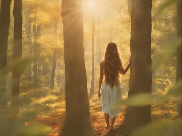 eine frau legt eine hand an einen baum im wald mit sonnenschein schamanismus für anfänger