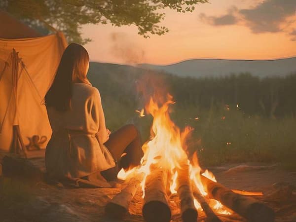 eine frau sitzt am lagerfeuer und schaut in ein tal schamanismus für anfänger